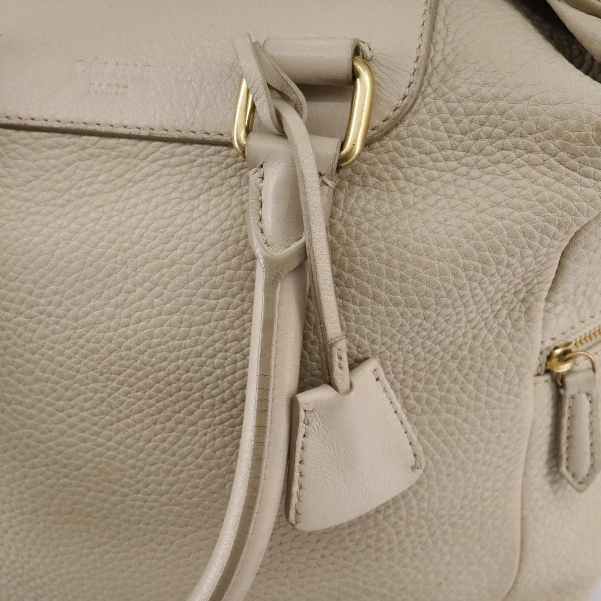 CELINE Hand Bag Leather Beige Gold Auth bs21026