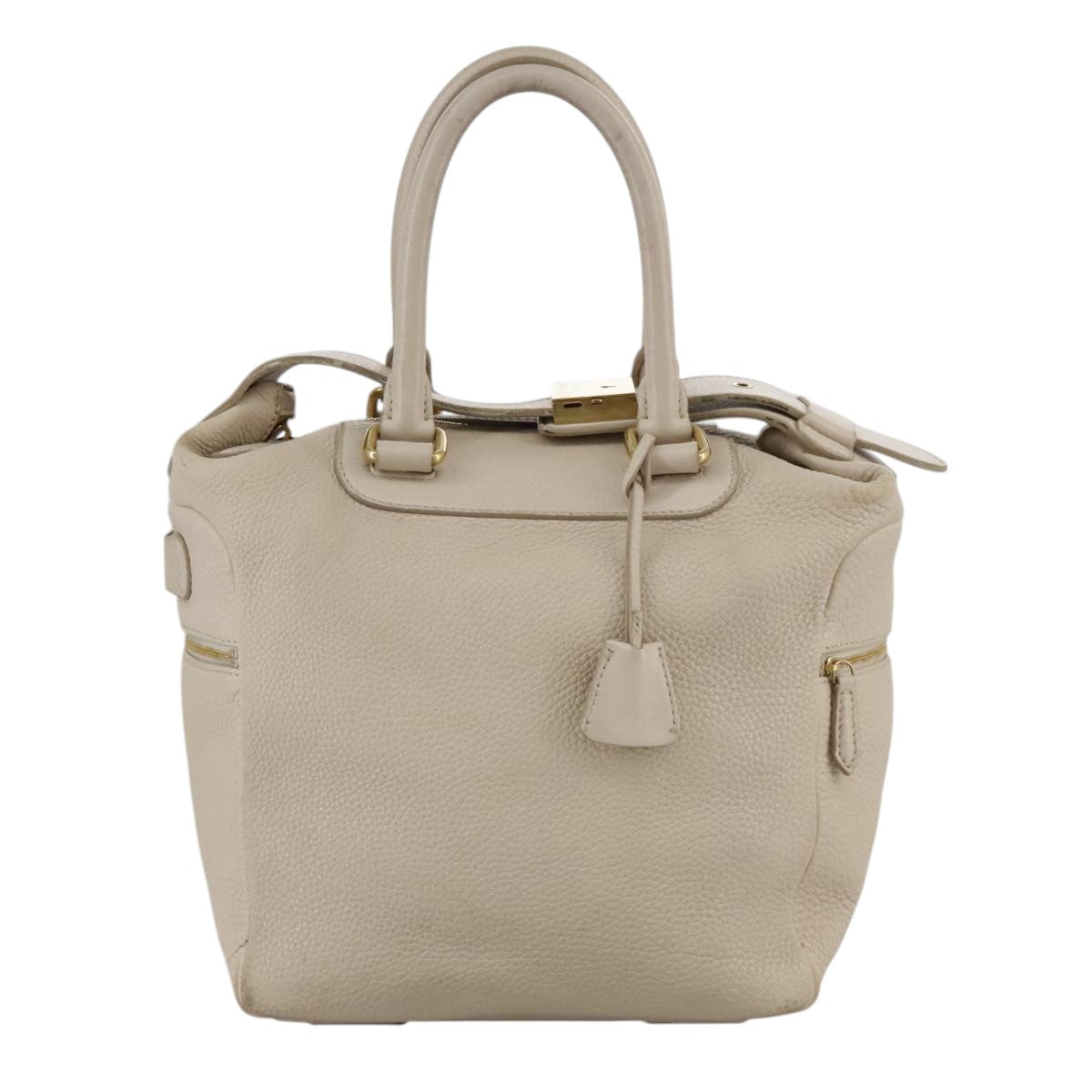 CELINE Hand Bag Leather Beige Gold Auth bs21026