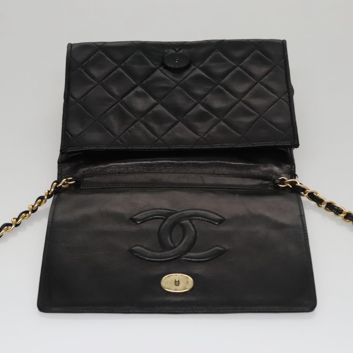CHANEL Chain Matelasse Shoulder Bag Lamb Skin Gold Black CC Auth bs21032