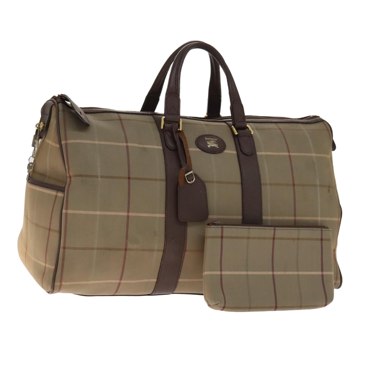 Burberrys Nova Check Boston Bag Canvas Leather Khaki Brown Gold Auth bs21072