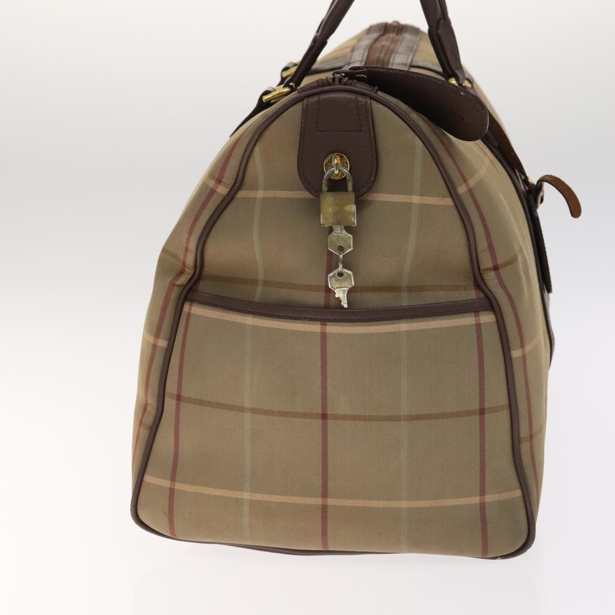 Burberrys Nova Check Boston Bag Canvas Leather Khaki Brown Gold Auth bs21072