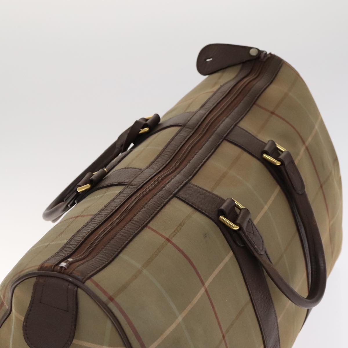 Burberrys Nova Check Boston Bag Canvas Leather Khaki Brown Gold Auth bs21072