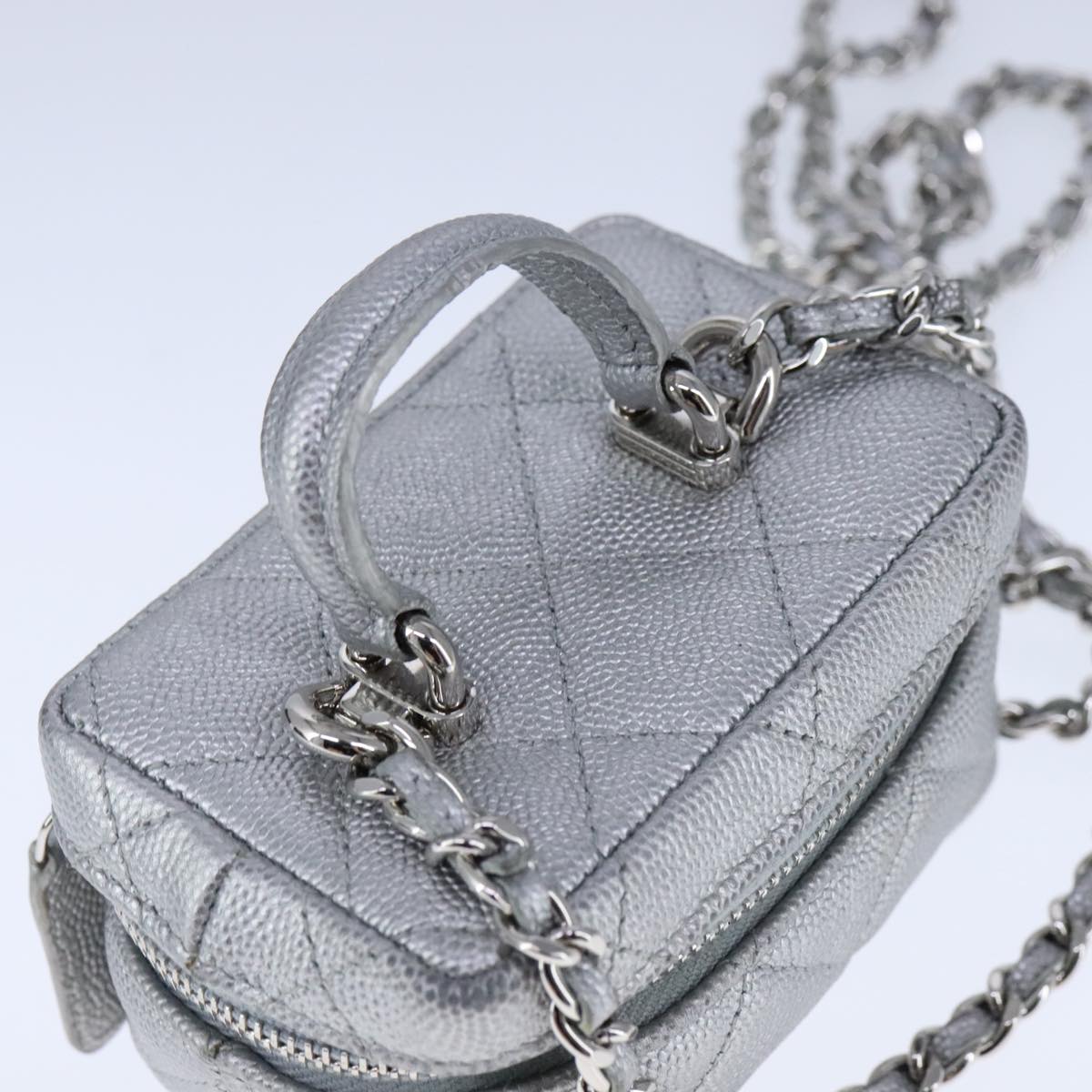 CHANEL Matelasse Hand Bag Caviar Skin 2way Silver CC Auth bs21131