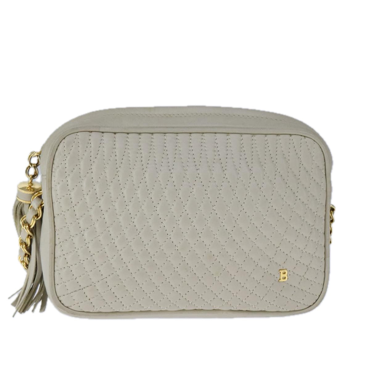 BALLY Chain Quilted Shoulder Bag Leather Beige Gold Auth bs21142