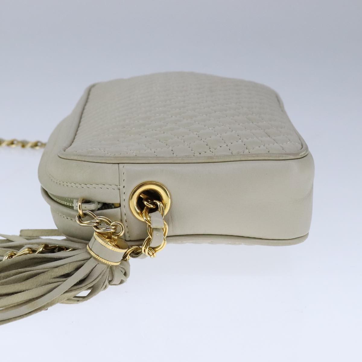 BALLY Chain Quilted Shoulder Bag Leather Beige Gold Auth bs21142