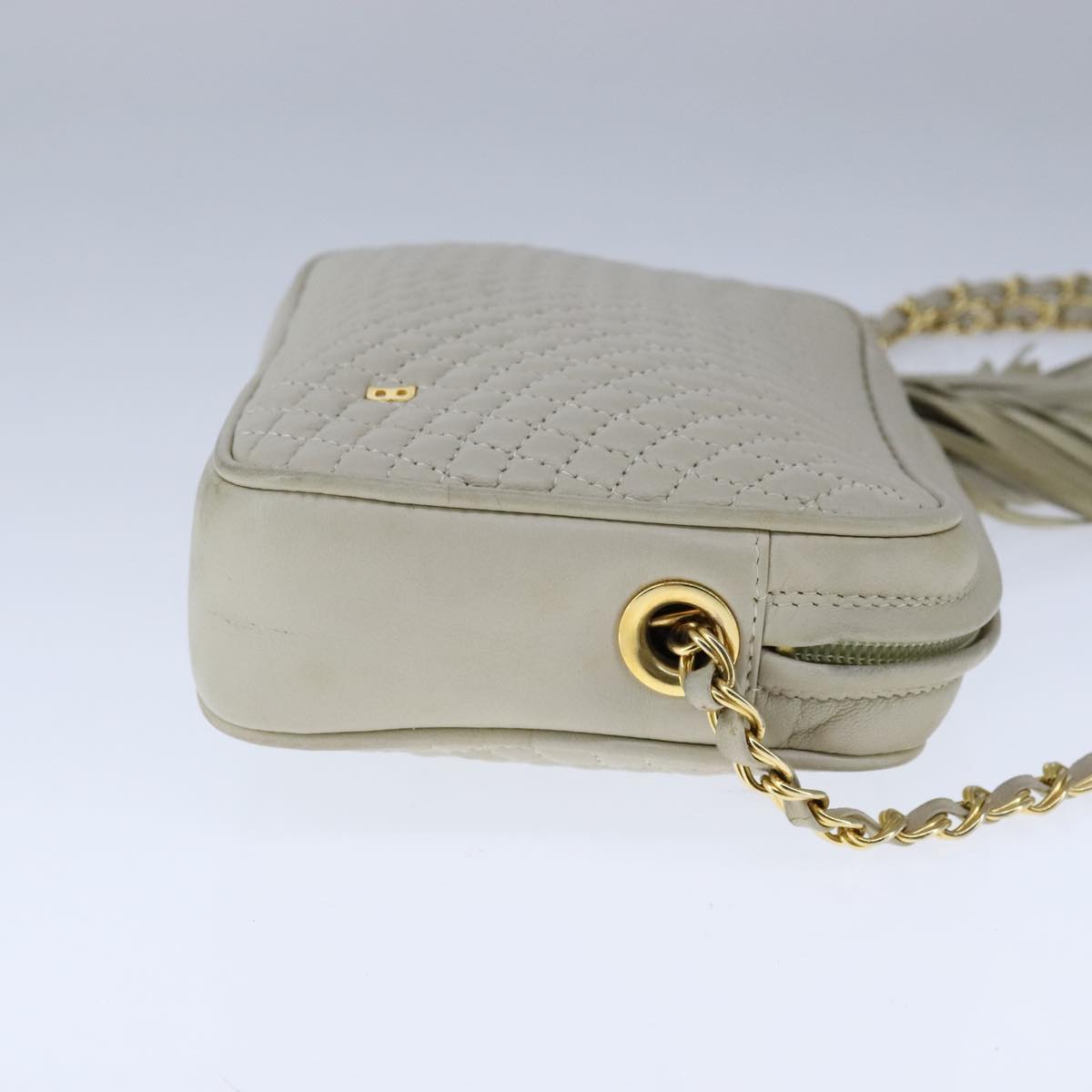 BALLY Chain Quilted Shoulder Bag Leather Beige Gold Auth bs21142