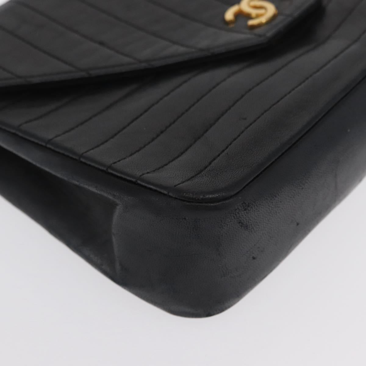 CHANEL Mademoiselle Chain Shoulder Bag Lamb Skin Black Gold CC Auth bs21196