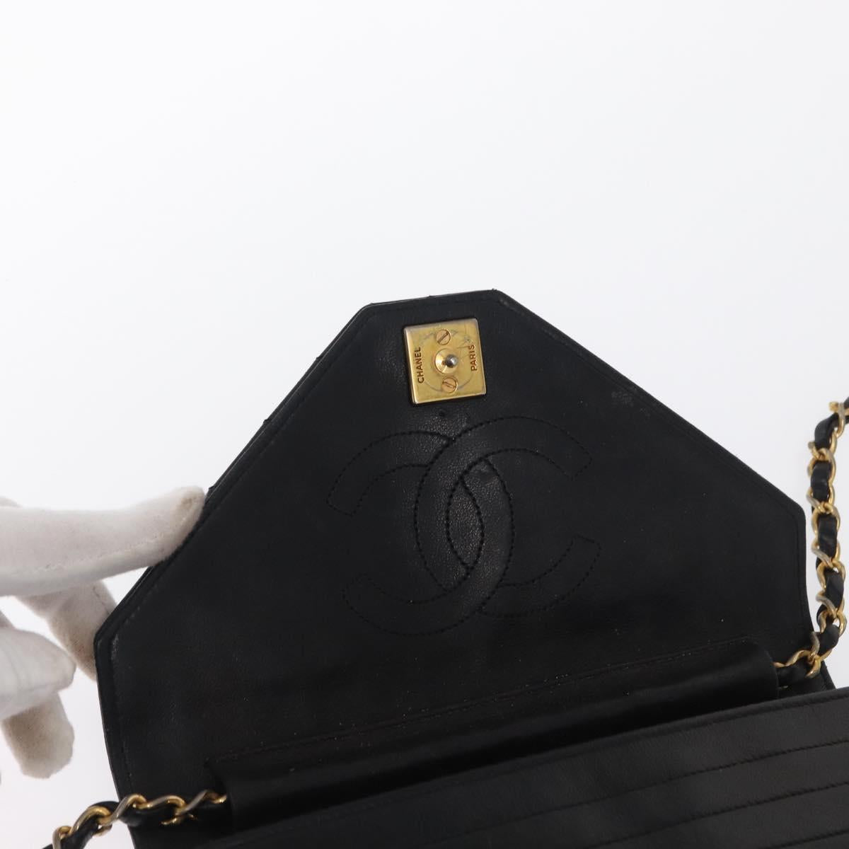 CHANEL Mademoiselle Chain Shoulder Bag Lamb Skin Black Gold CC Auth bs21196