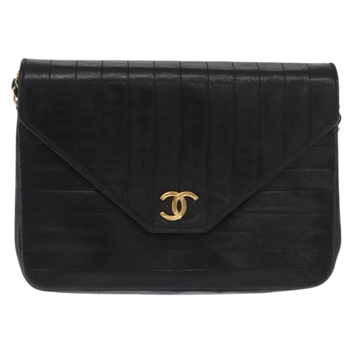 CHANEL Mademoiselle Chain Shoulder Bag Lamb Skin Black Gold CC Auth bs21196