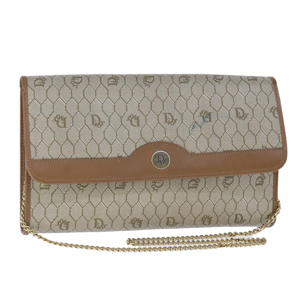 Christian Dior Honeycomb Canvas Chain Shoulder Bag PVC Beige Gold Auth bs21206