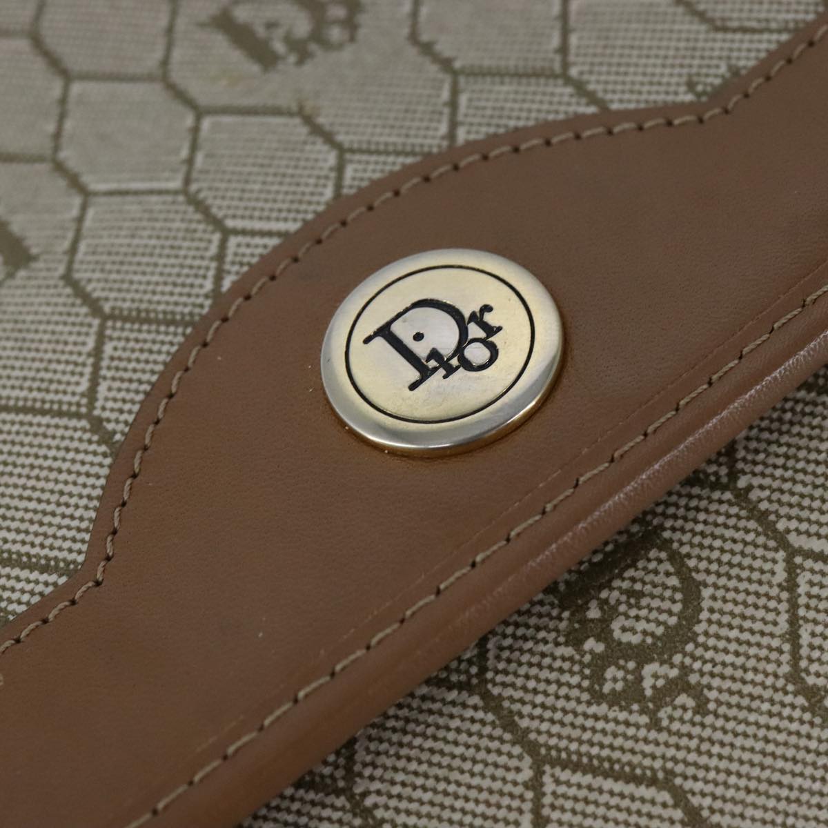 Christian Dior Honeycomb Canvas Chain Shoulder Bag PVC Beige Gold Auth bs21206