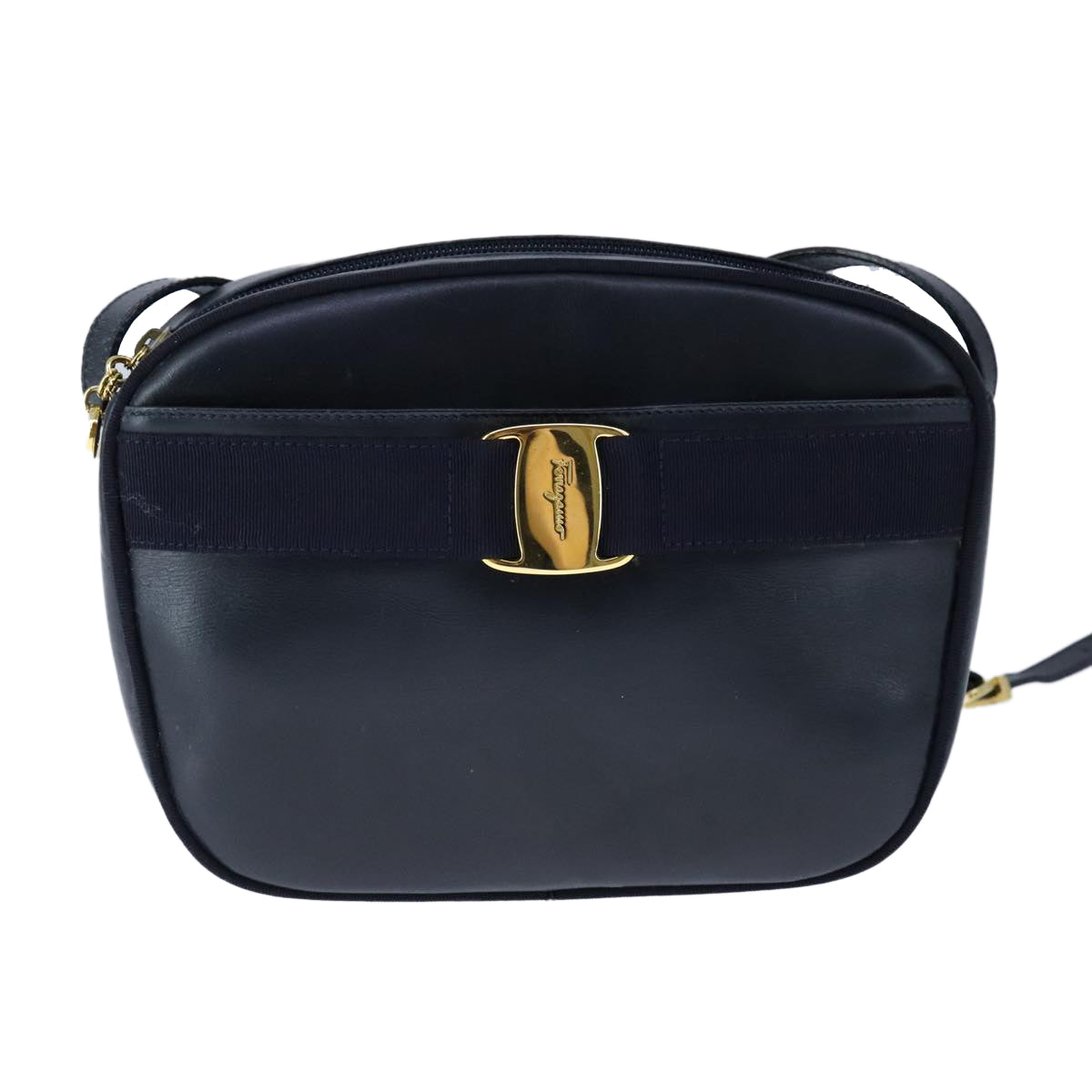 Salvatore Ferragamo Vala Shoulder Bag Leather Navy Gold Auth bs21294