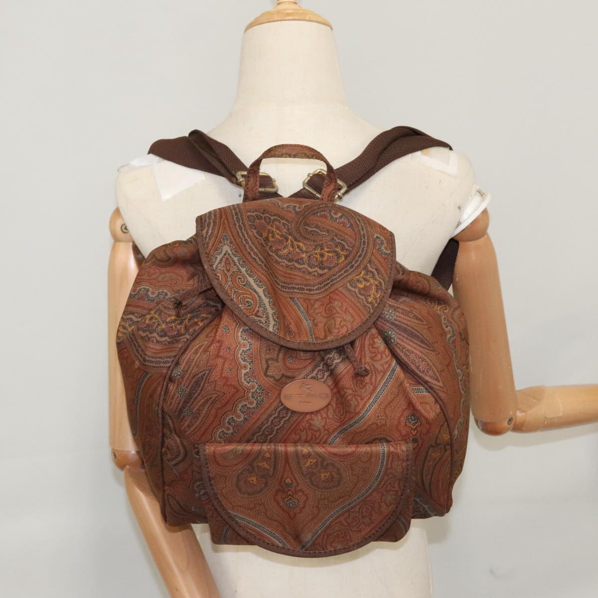 ETRO Paisley Backpack Nylon Brown Gold Auth bs21317