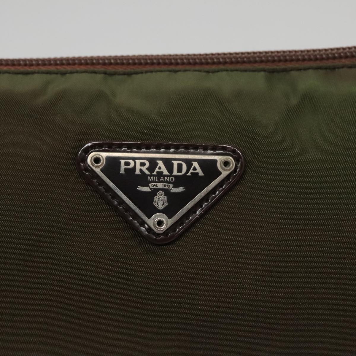 PRADA Pouch Nylon Khaki Silver Auth bs21351