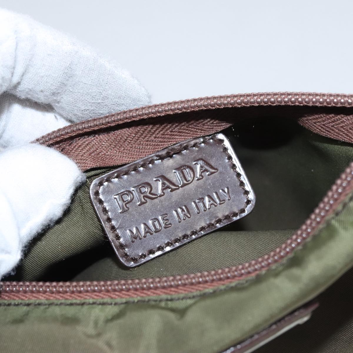 PRADA Pouch Nylon Khaki Silver Auth bs21351