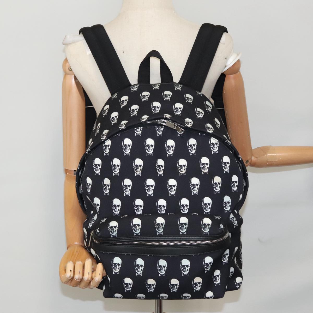 SAINT LAURENT Skull Backpack Canvas Black White Auth bs21358