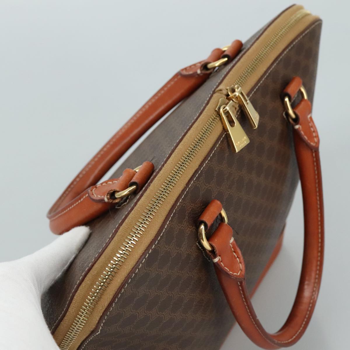 CELINE Macadam Canvas Hand Bag PVC Leather Brown Gold Auth bs21413