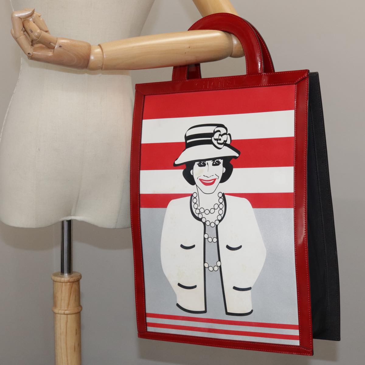 CHANEL Mademoiselle Choco Bar line Tote Bag Leather Red CC Auth bs21462