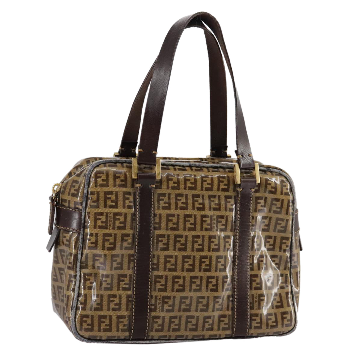 FENDI Zucchino Canvas Hand Bag Brown Gold Auth bs21516