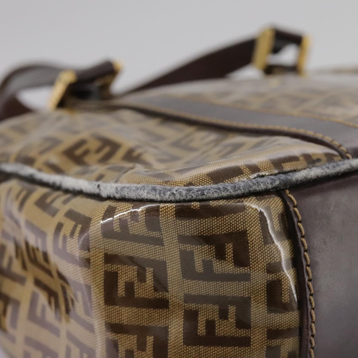 FENDI Zucchino Canvas Hand Bag Brown Gold Auth bs21516