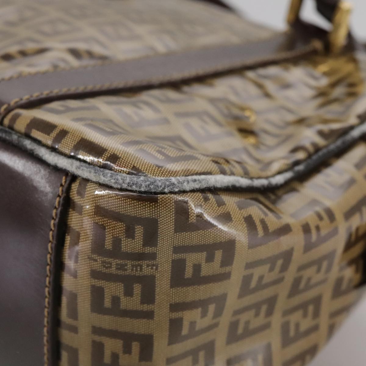FENDI Zucchino Canvas Hand Bag Brown Gold Auth bs21516