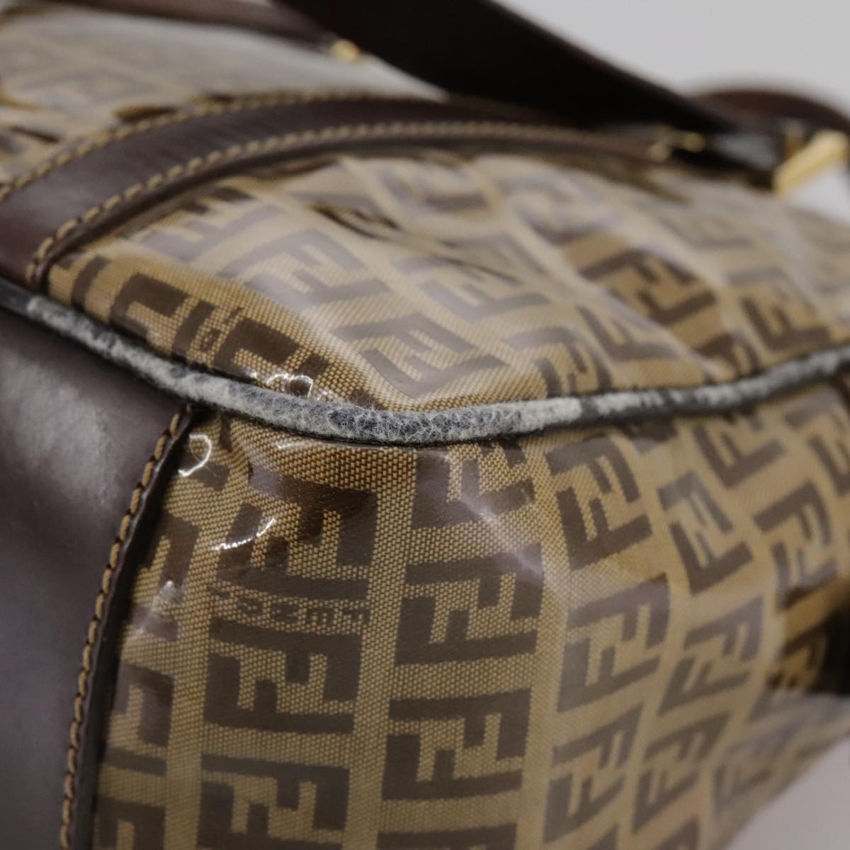 FENDI Zucchino Canvas Hand Bag Brown Gold Auth bs21516