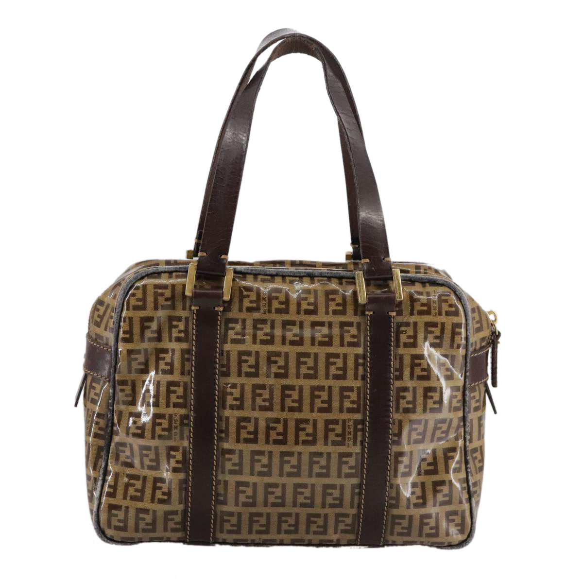 FENDI Zucchino Canvas Hand Bag Brown Gold Auth bs21516