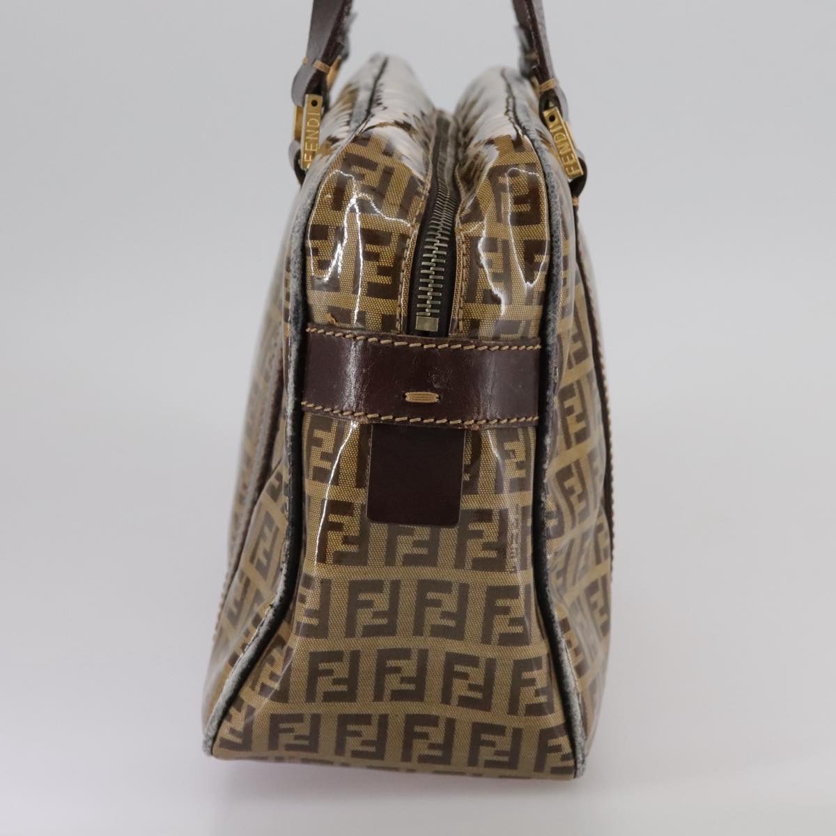 FENDI Zucchino Canvas Hand Bag Brown Gold Auth bs21516