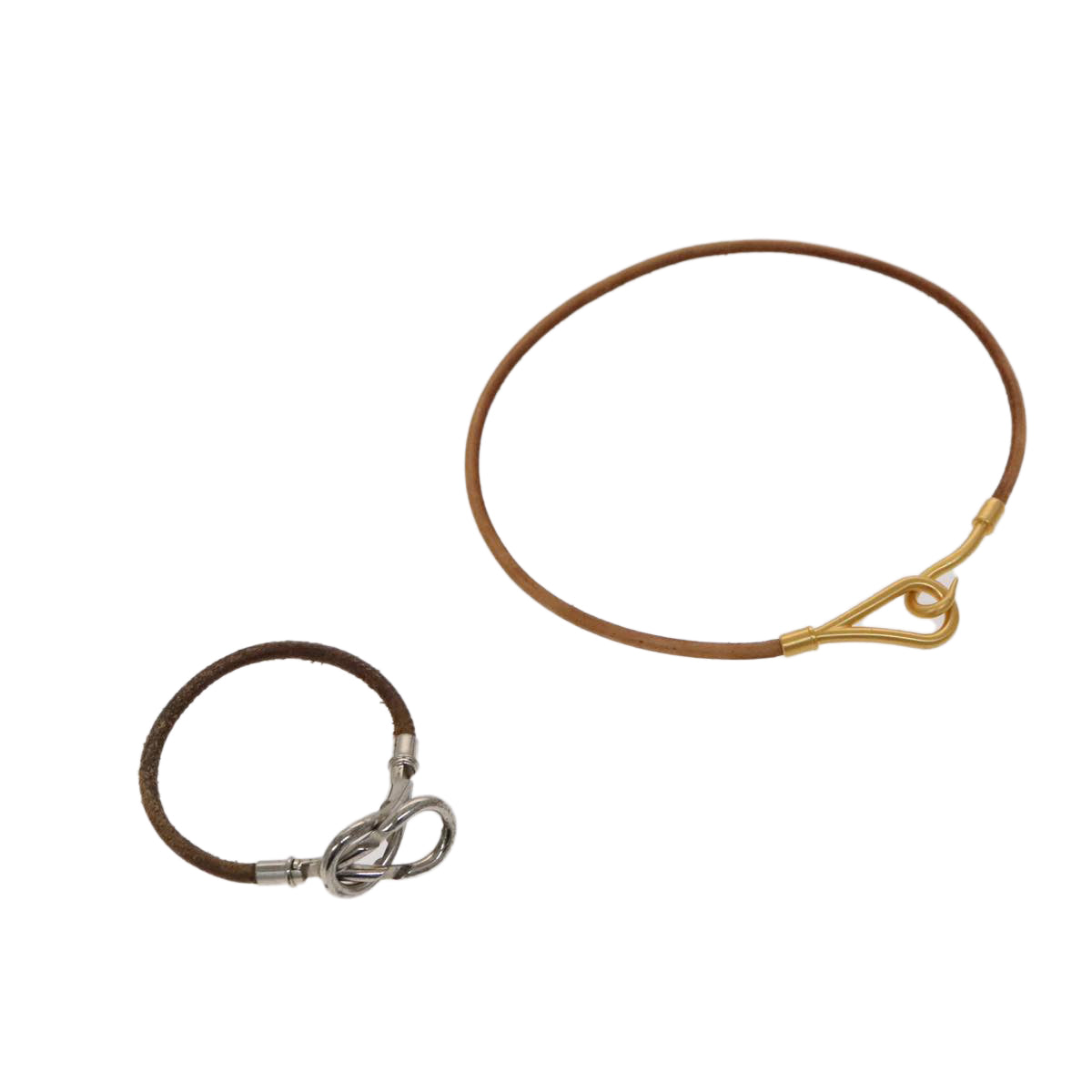 HERMES Bracelet Necklace Leather 2Set Beige Auth bs21522