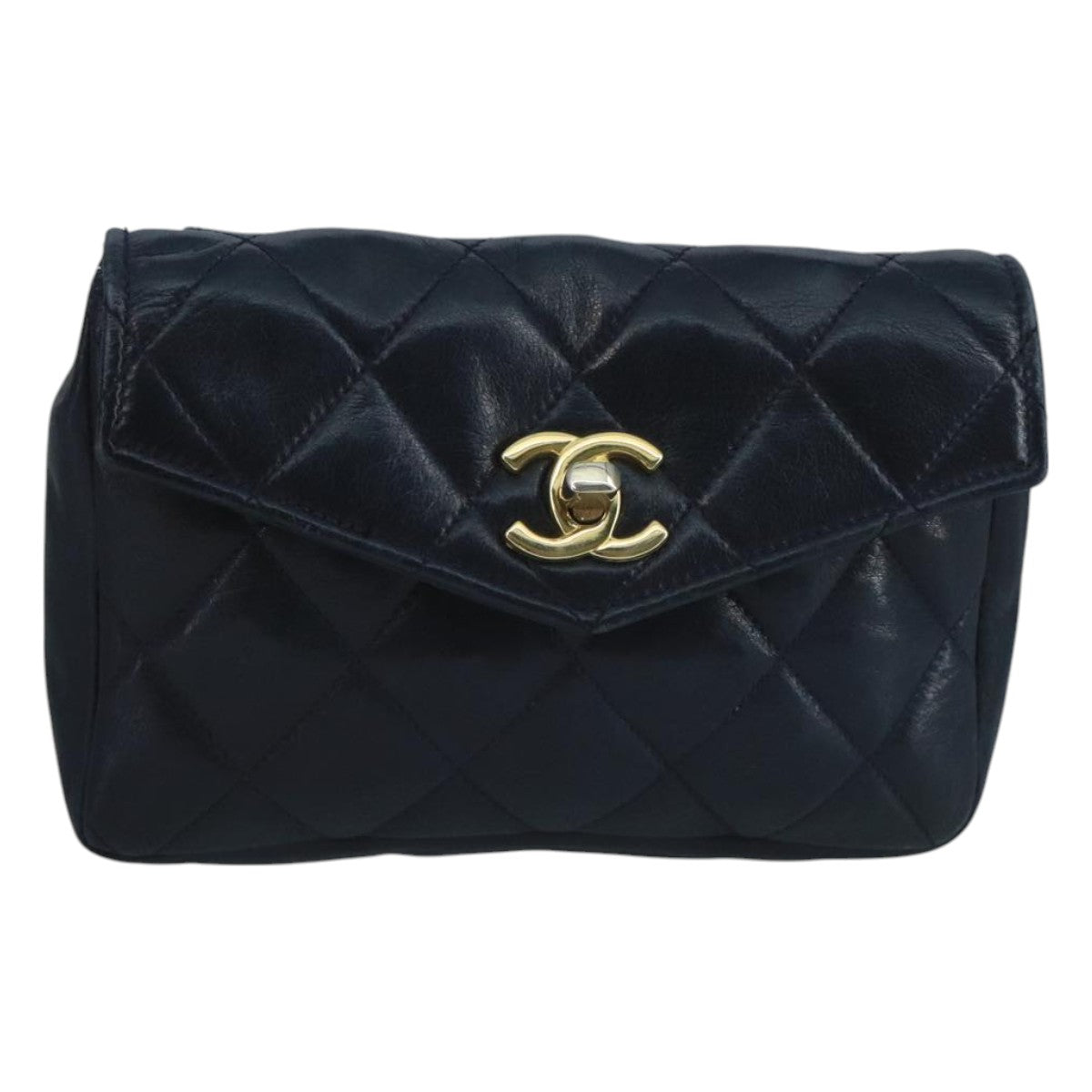 CHANEL Matelasse Waist bag Lamb Skin Navy CC Auth bs21663