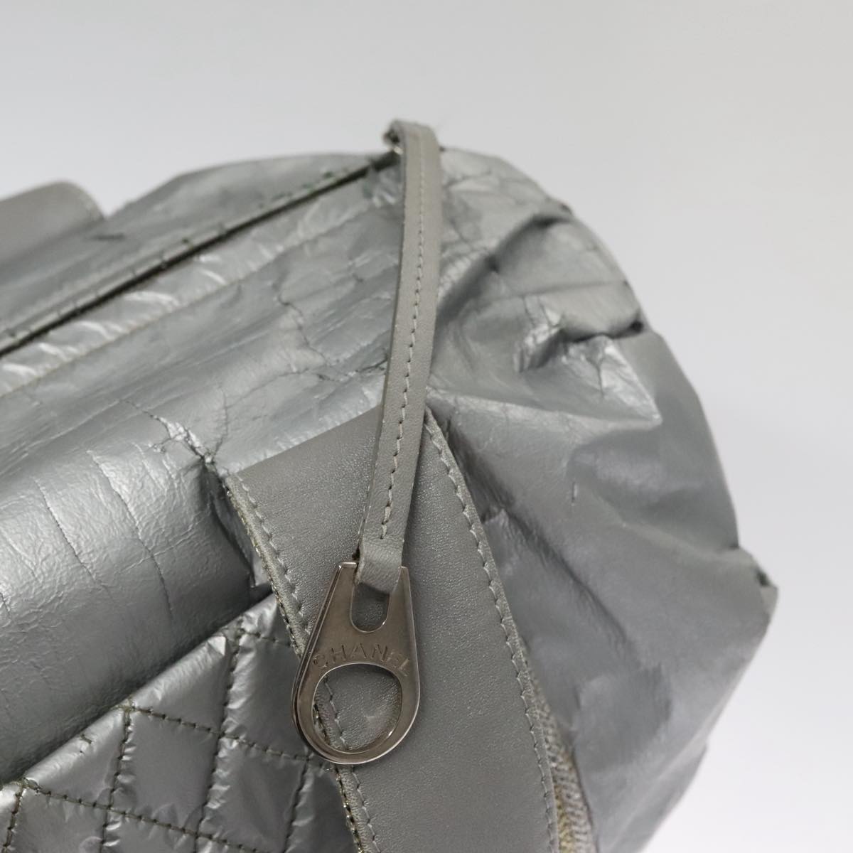 CHANEL Sports Hand Bag Coated Canvas Silver CC Auth bs21669