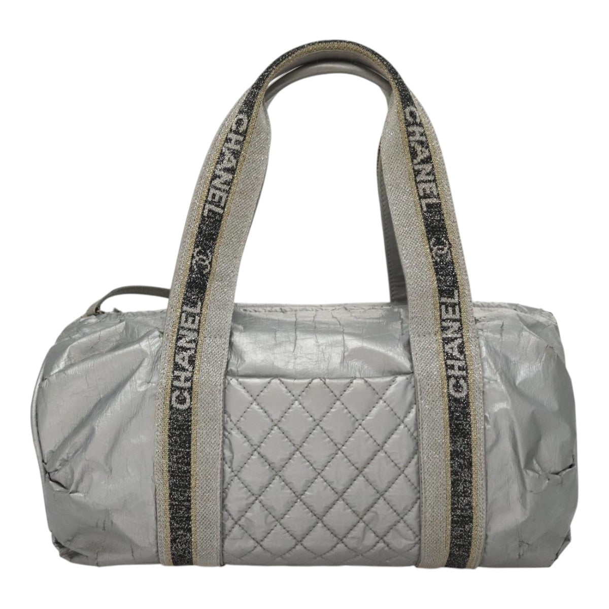 CHANEL Sports Hand Bag Coated Canvas Silver CC Auth bs21669