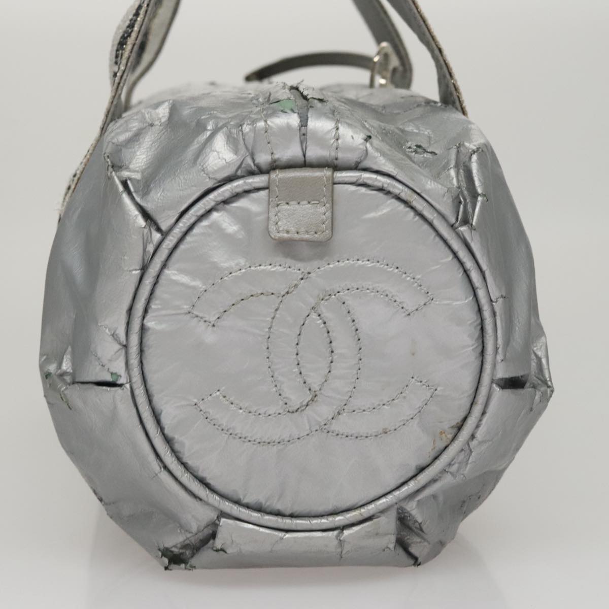 CHANEL Sports Hand Bag Coated Canvas Silver CC Auth bs21669