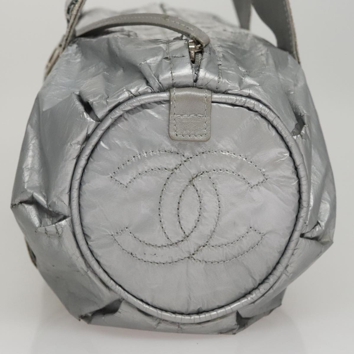 CHANEL Sports Hand Bag Coated Canvas Silver CC Auth bs21669