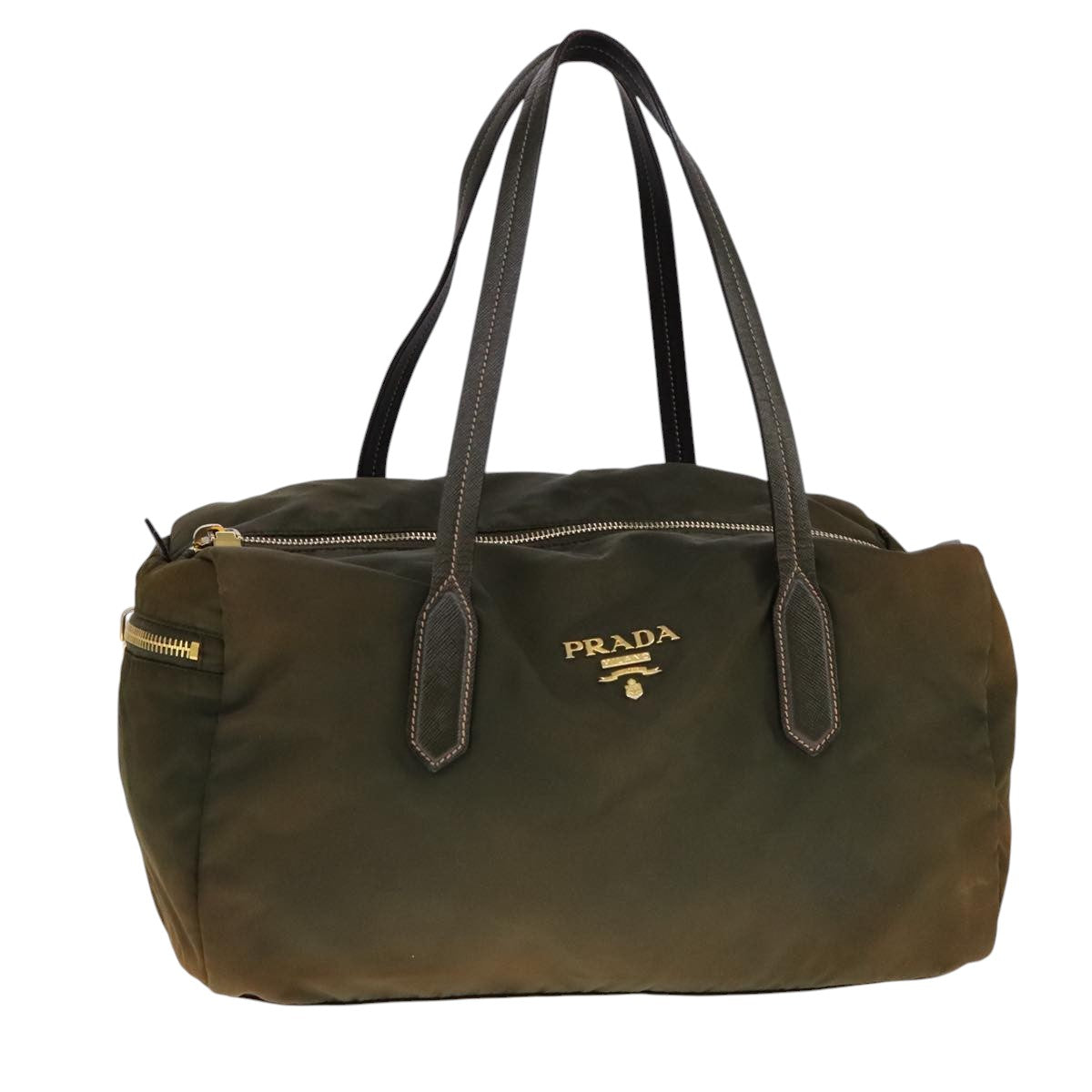 PRADA Boston Bag Nylon Khaki Gold Auth bs21678