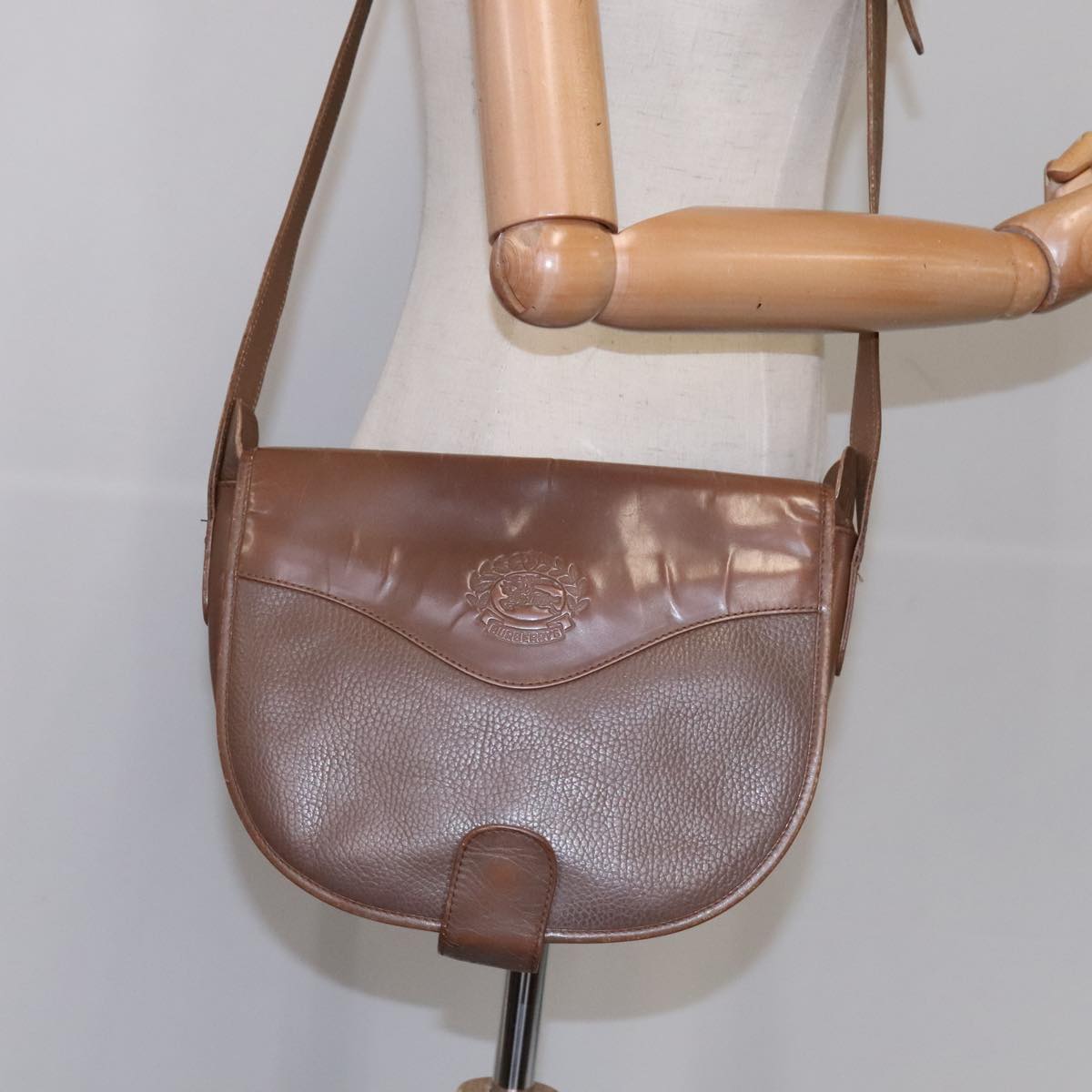 Burberrys Shoulder Bag Leather Brown Silver Auth bs21793