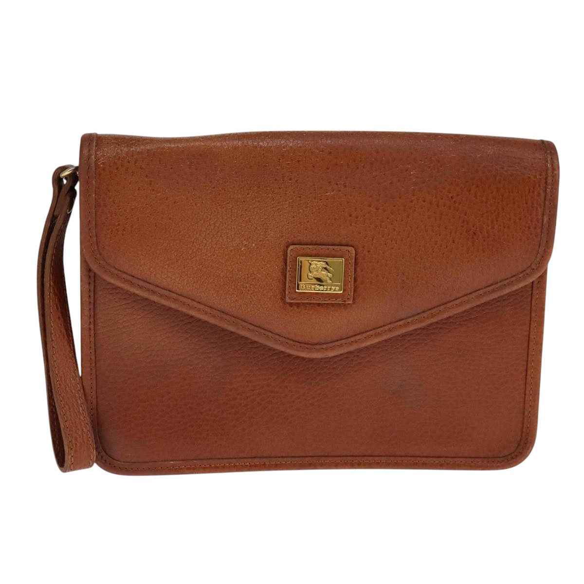 Burberrys Clutch Bag Leather Brown Gold Auth bs21795