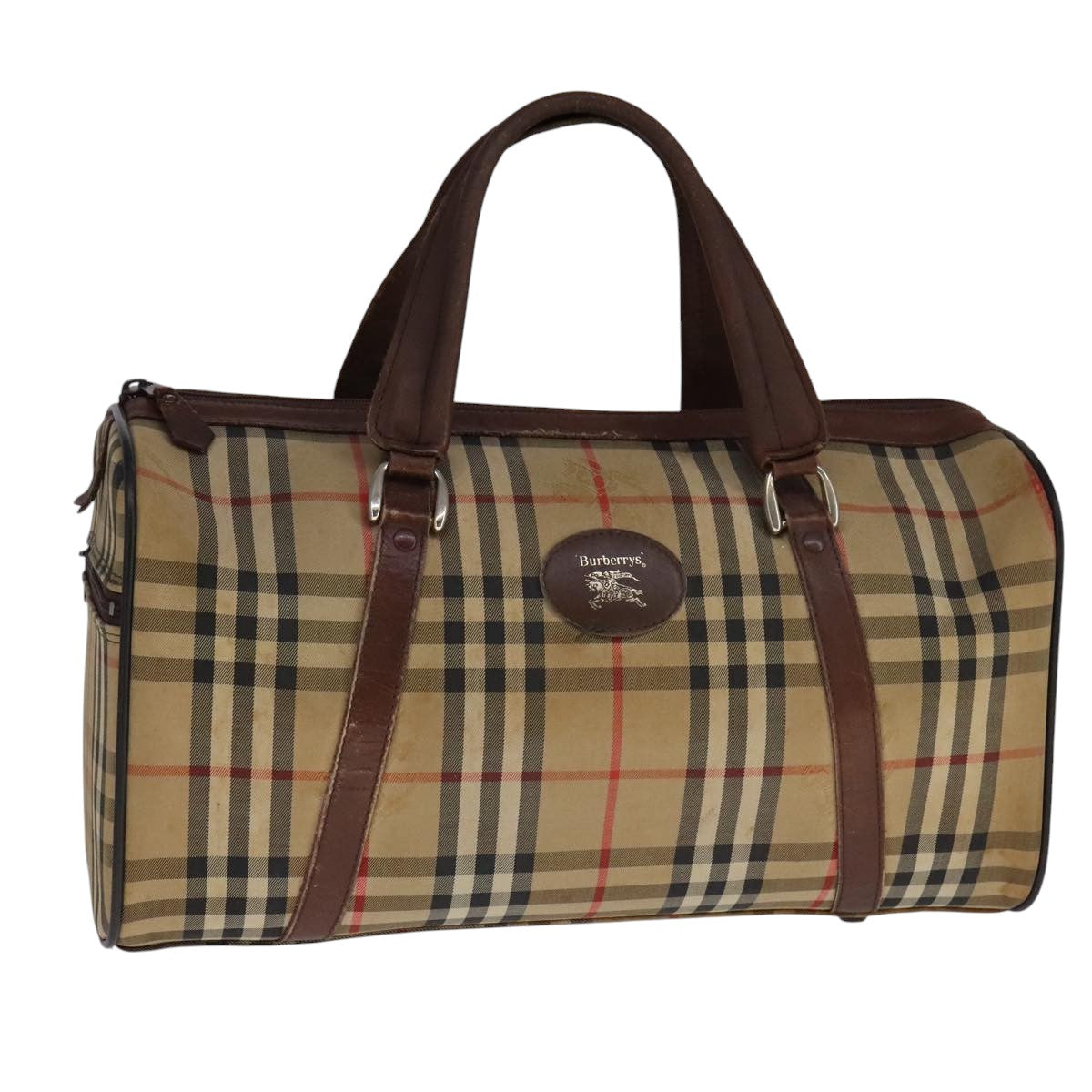 Burberrys Nova Check Boston Bag Canvas Leather Beige Brown gold Auth bs21797