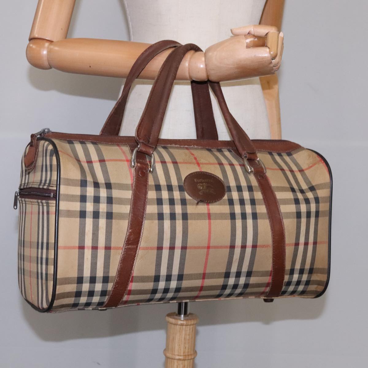 Burberrys Nova Check Boston Bag Canvas Leather Beige Brown gold Auth bs21797