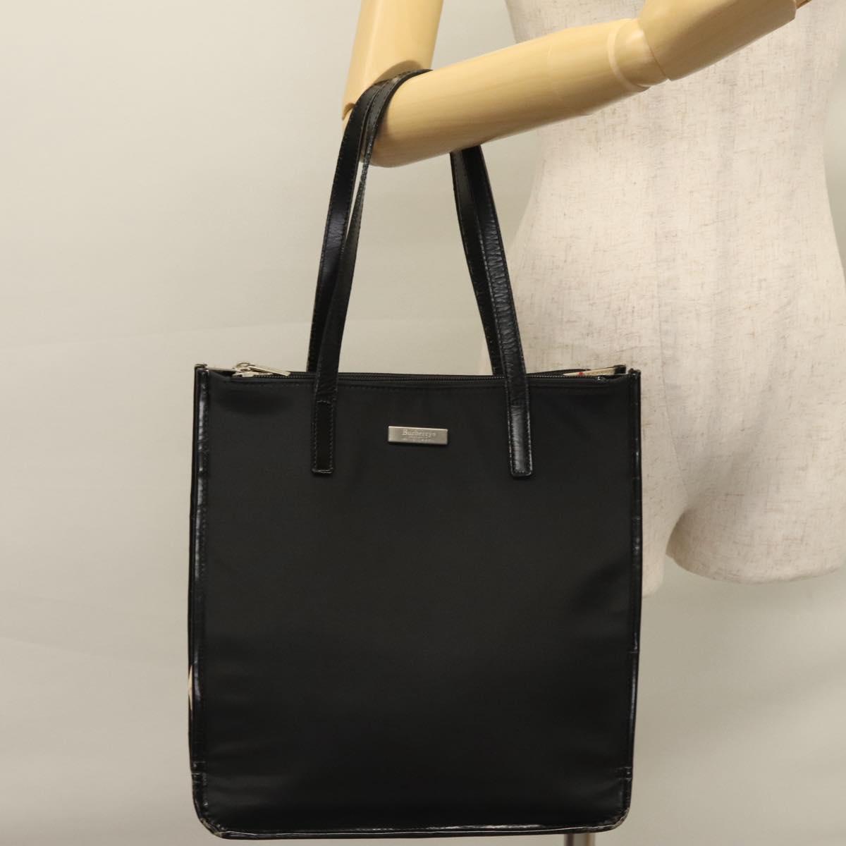 Burberrys Nova Check Tote Bag Nylon Leather Black Beige Silver Auth bs21825