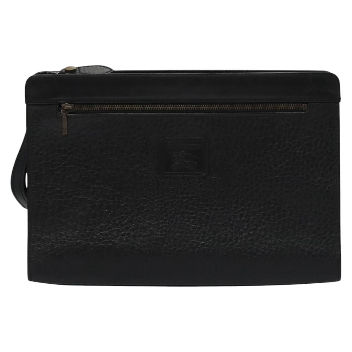 Burberrys Clutch Bag Leather Black Auth bs21884