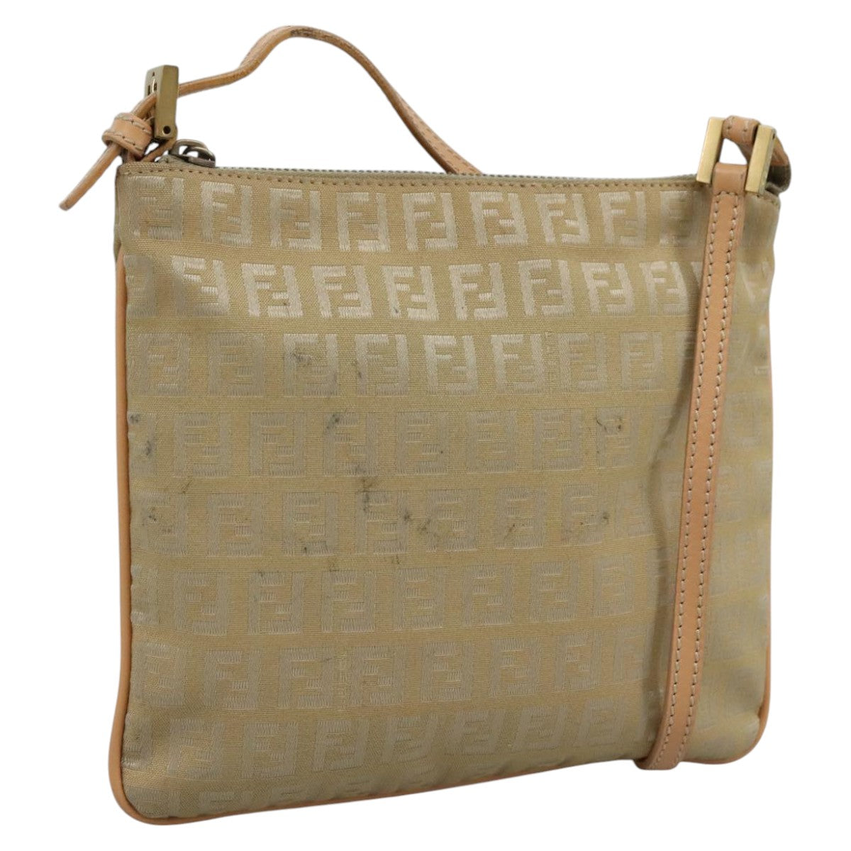 FENDI Zucchino Canvas Shoulder Bag Beige Gold Auth bs21960