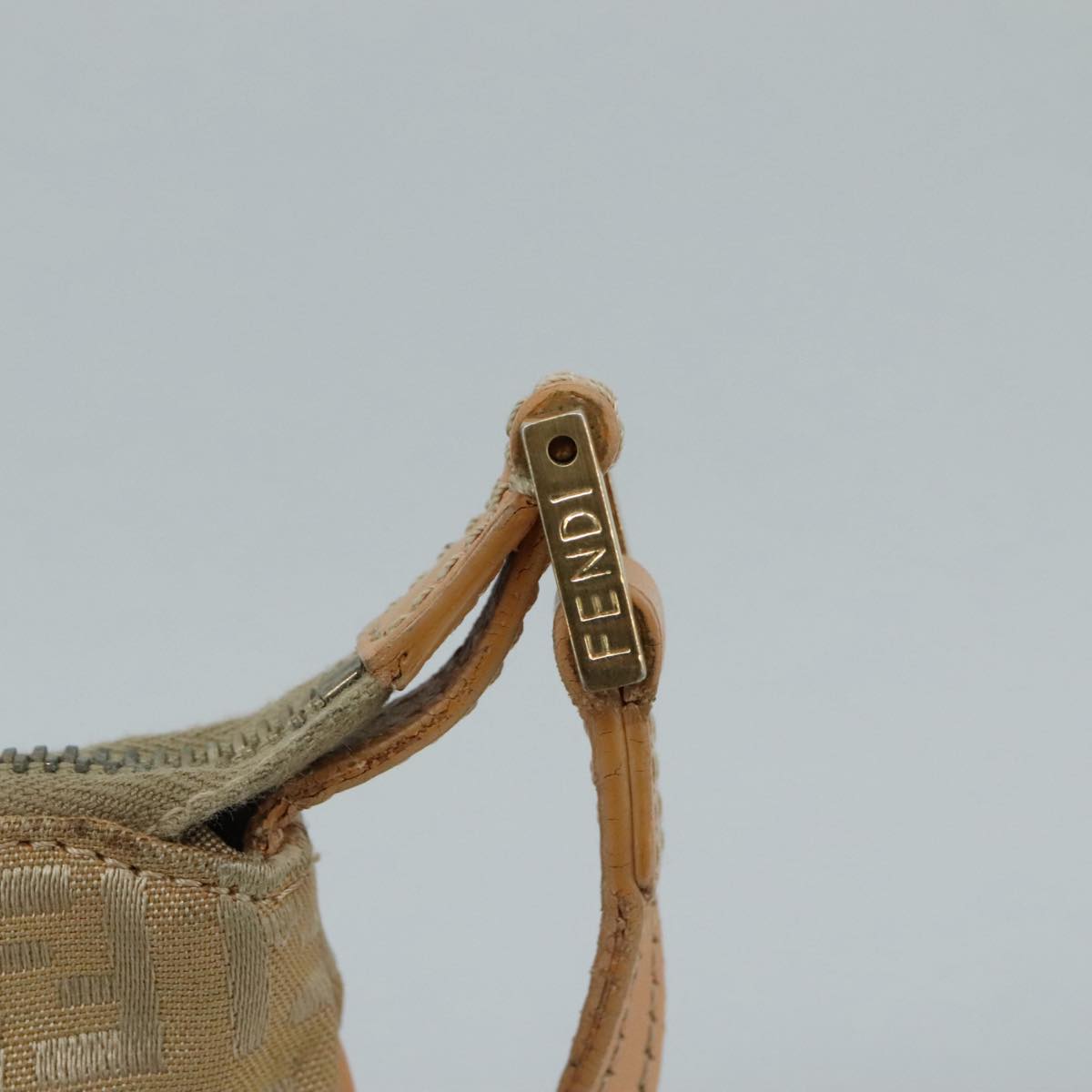 FENDI Zucchino Canvas Shoulder Bag Beige Gold Auth bs21960