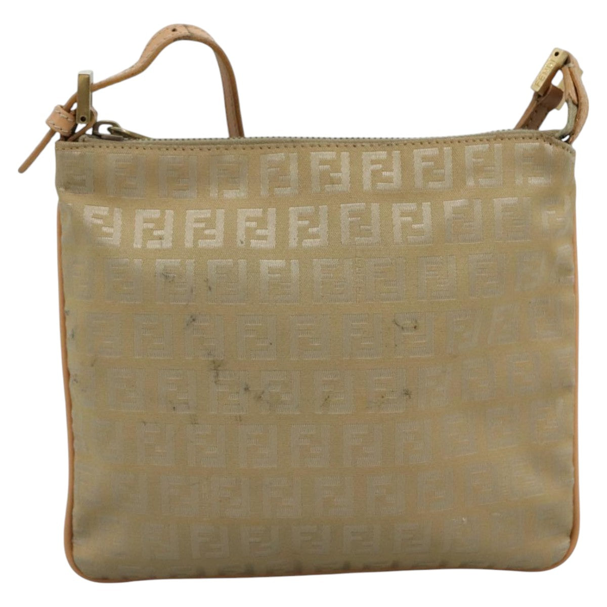 FENDI Zucchino Canvas Shoulder Bag Beige Gold Auth bs21960