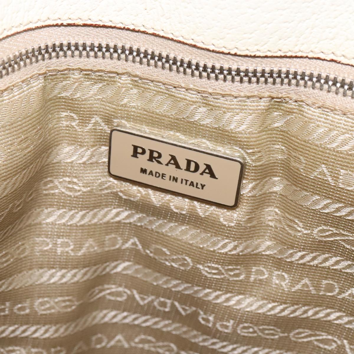 PRADA Tote Bag Canvas Leather Beige White Silver Auth bs21967