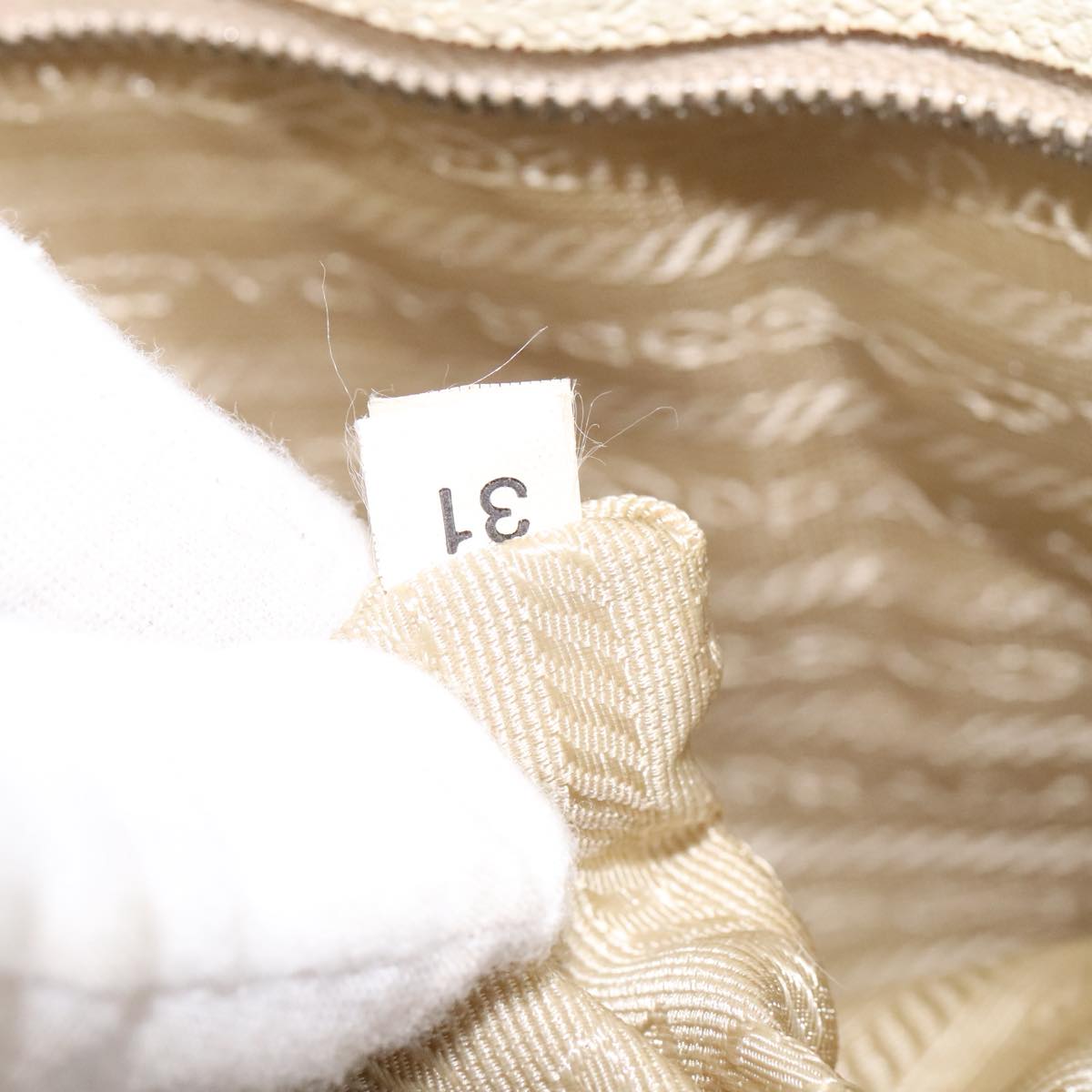 PRADA Tote Bag Canvas Leather Beige White Silver Auth bs21967