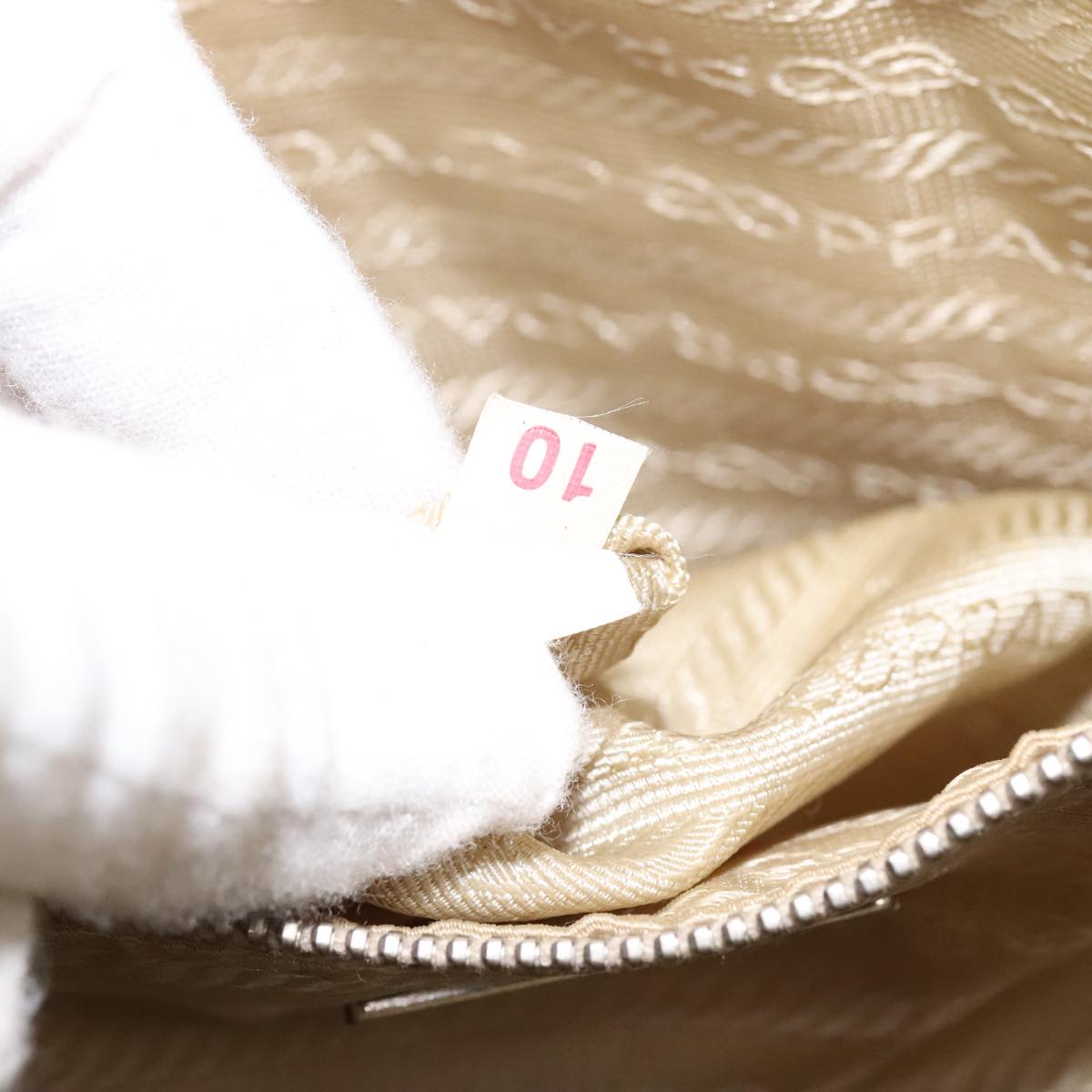 PRADA Tote Bag Canvas Leather Beige White Silver Auth bs21967