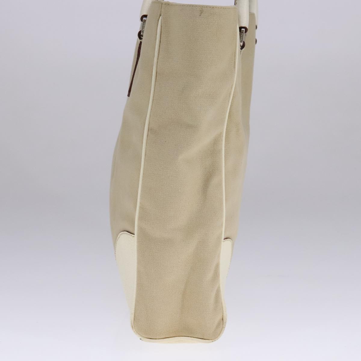 PRADA Tote Bag Canvas Leather Beige White Silver Auth bs21967