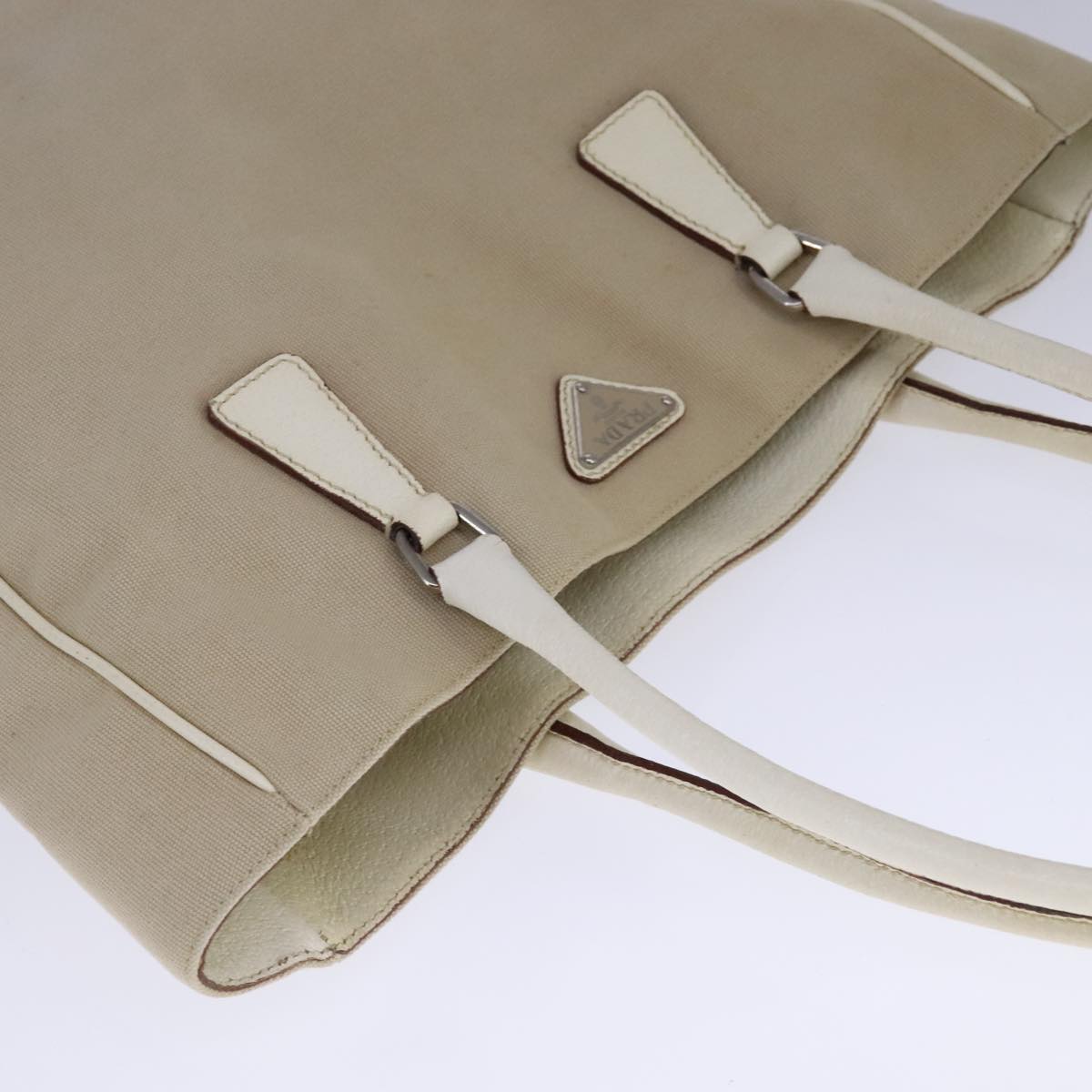 PRADA Tote Bag Canvas Leather Beige White Silver Auth bs21967