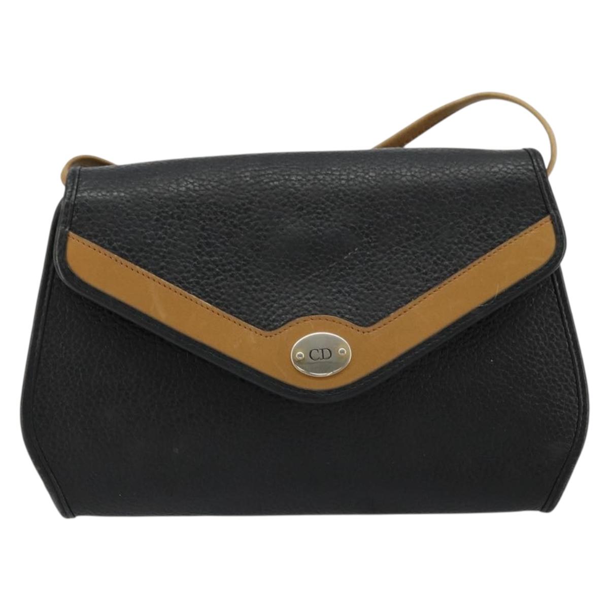 Christian Dior Shoulder Bag Leather Black Brown gold Auth bs22002